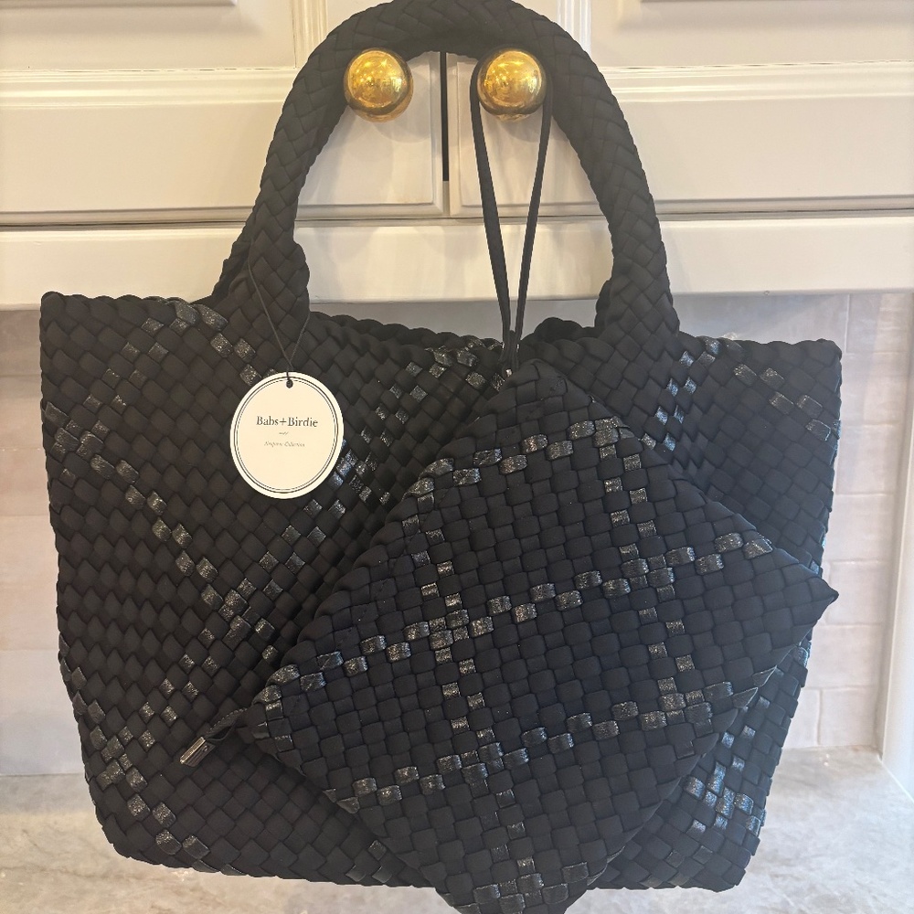 NWT Black Neoprene Woven Tote Bag